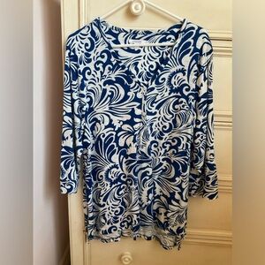CHICO'S Women's Blue and White Floral Long Sleeve Top - Size 3 - XL
